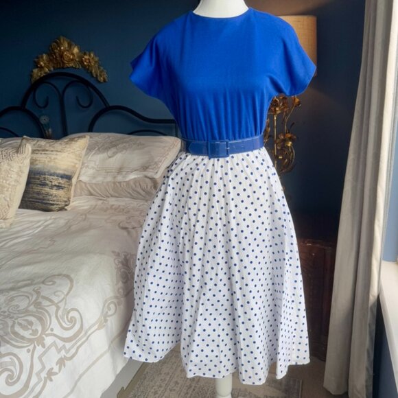 Vintage Blue and White Polka Dot Dress - Picture 2 of 9